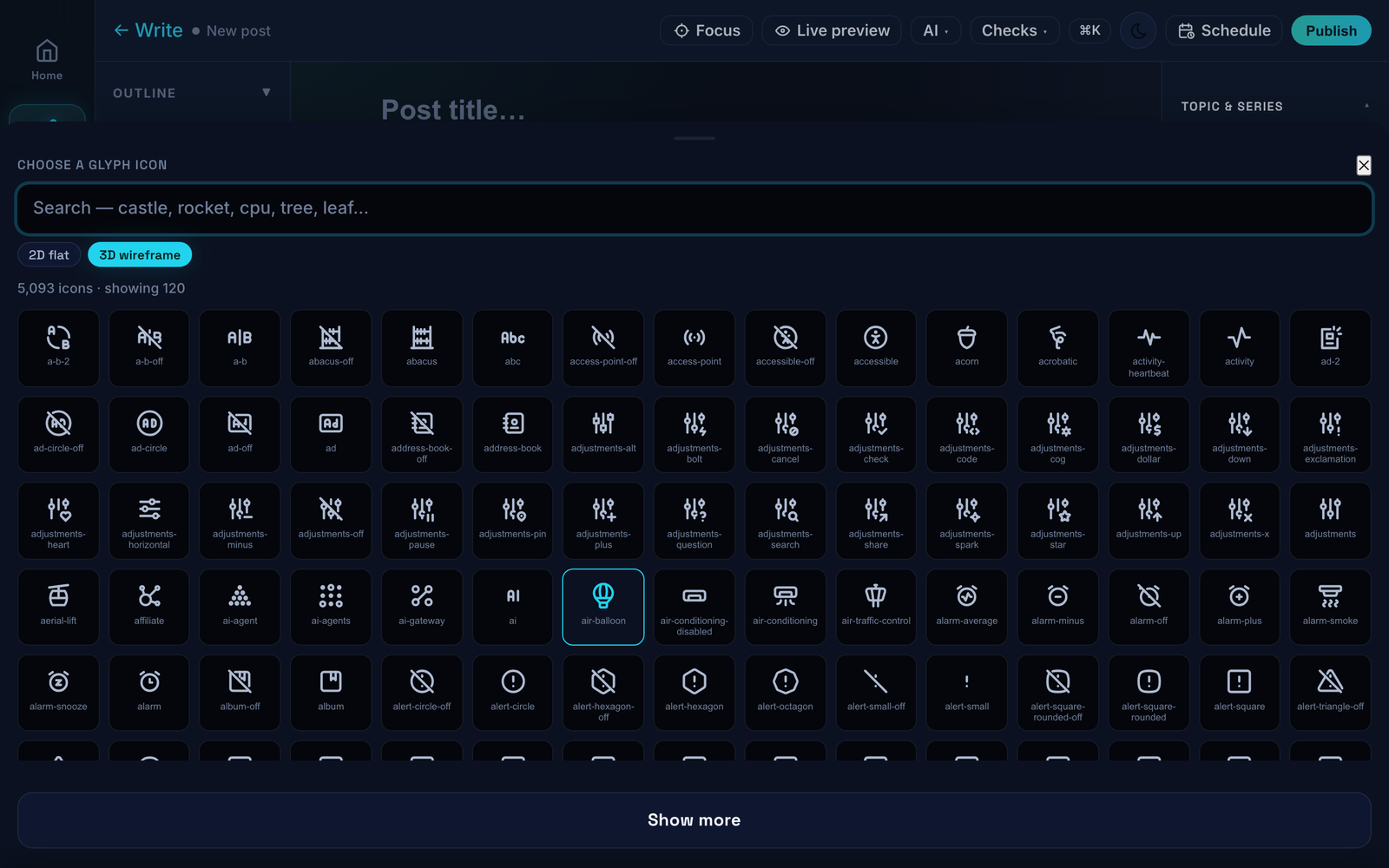 The glyph picker showing 5093 icons with a 2D flat and 3D wireframe toggle