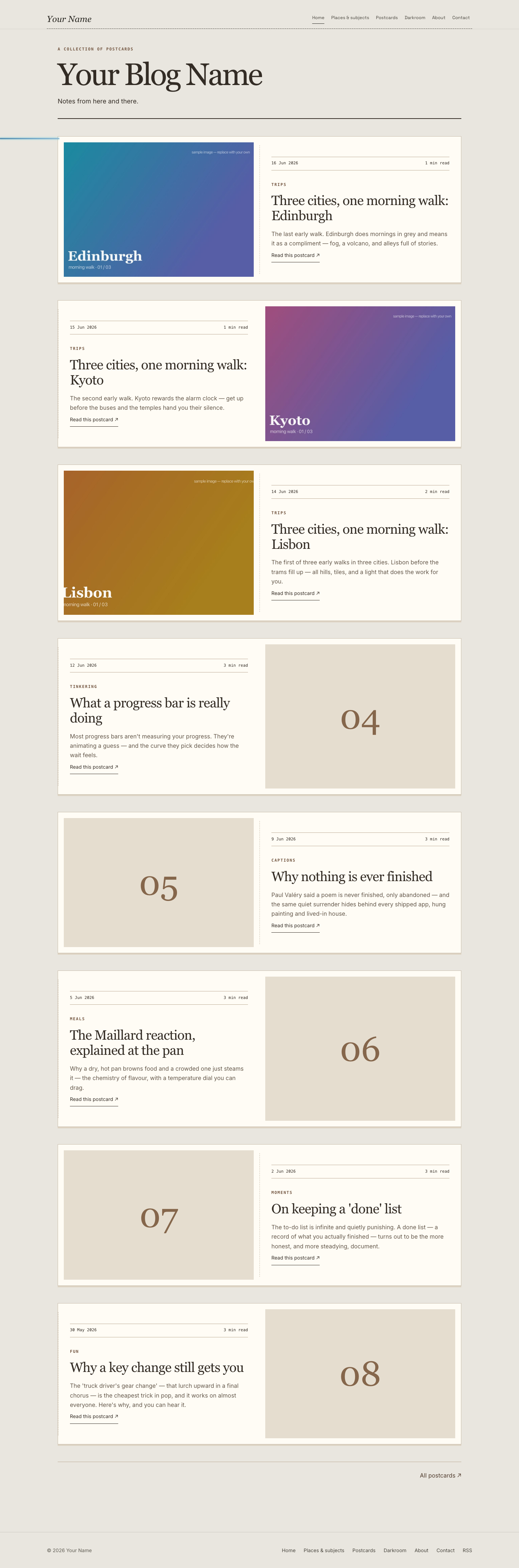 Postcards website layout